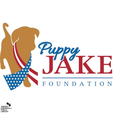 Puppy Jake Foundation logo featuring a graphic of a dog with an American flag scarf around its neck