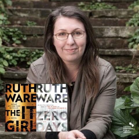 Photo of author Ruth Ware in front of a brick wall with the book covers for The It Girl and Zero Days in the bottom left corner