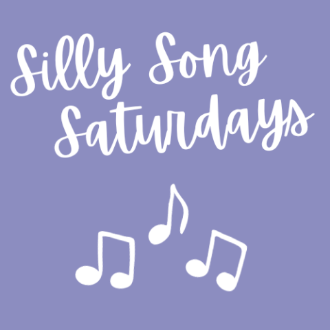 purple square with white music notes and words Silly Song Saturdays in white lettering