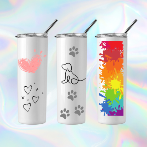 3 tumbler cups over a swirled color background