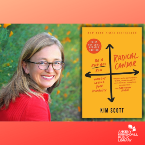 Photo of author Kim Scott next to her book Radical Candor with a red gradient background