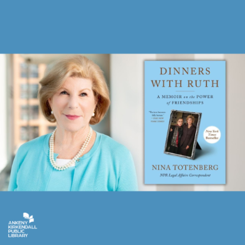 Photo of author Nina Totenberg and her book cover of Dinners with Ruth over a blue background