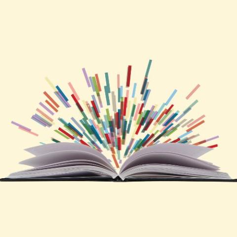 Yellow background with open book in foreground and colorful lines coming out of book like confetti