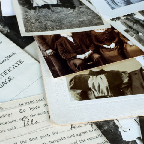 image shows generic old photographs and genealogy documents such as birth certificates and marriage license