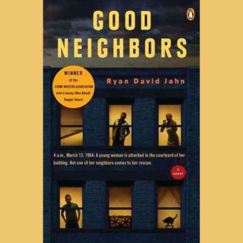 Image is of a dark yellow background with the book cover of Good Neighbors by Sara Langan in the foreground.