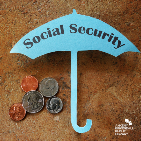 Blue umbrella with the words "Social Security" written on it that is sheltering an assortment of coins