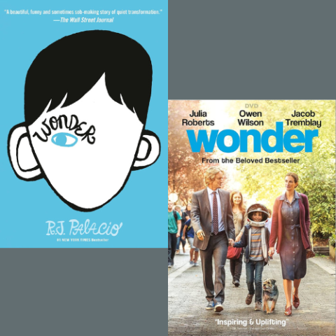 Cover of Wonder by R.J. Palacio and cover of Wonder DVD