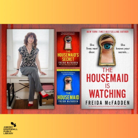 Photo of author Freida McFadden and the covers of her books The Housemaid, The Housemaid's Secret and The Housemaid Is Watching