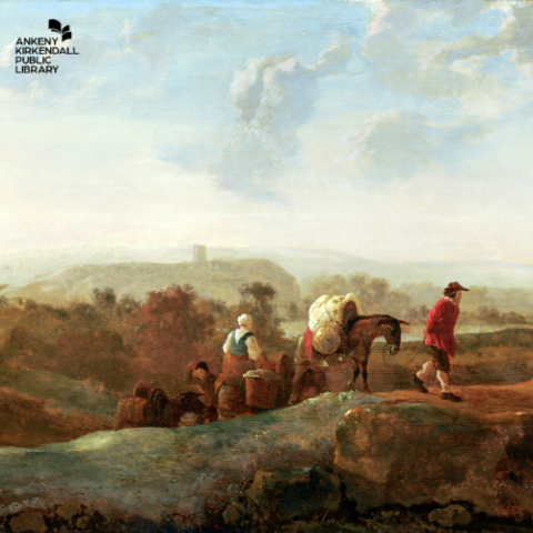 Painting of people traveling with horses across a landscape
