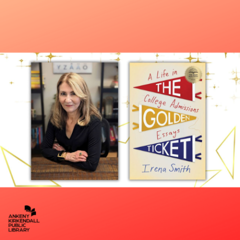Photo of Irena Smith, PhD and the cover of her book The Golden Ticket with a red gradient background