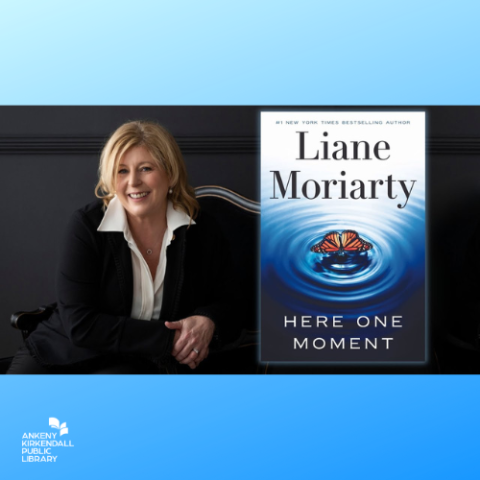 Photo of author Liane Moriarty next to the book cover of Here One Moment with a blue gradient background