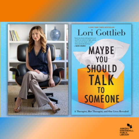 Photo of the author next to the cover of the book Maybe You Should Talk to Someone with an orange and light blue gradient background