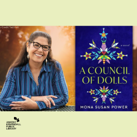 Photo of the author next to the book cover of A Council of Dolls with a light green gradient background