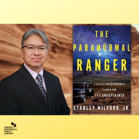 Photo of the author next to the book cover of The Paranormal Ranger with a yellow gradient background