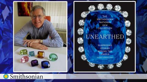 Photo of the author next to the book cover of he Smithsonian National Gem Collection Unearthed: Surprising Stories Behind the Jewels