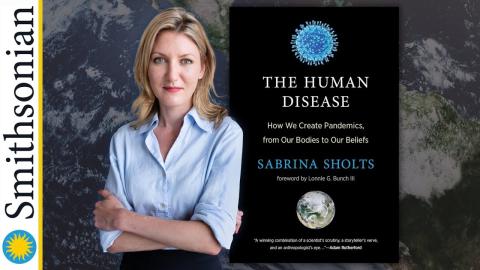 Photo of the author next to the cover of the book The Human Disease: How We Create Pandemics, From Our Bodies to Our Beliefs