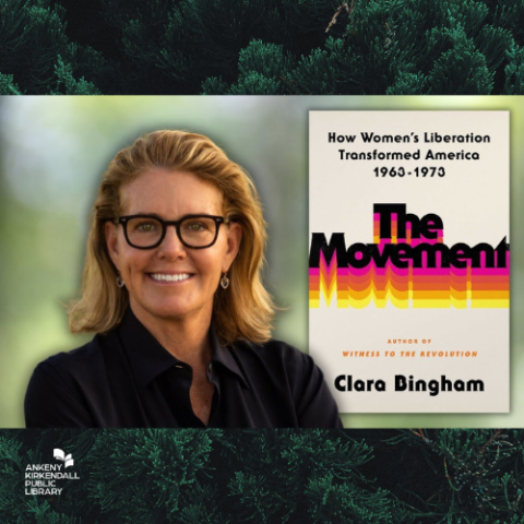 Photo of the author next to the book The Movement with a background featuring an aerial shot of a green forest 