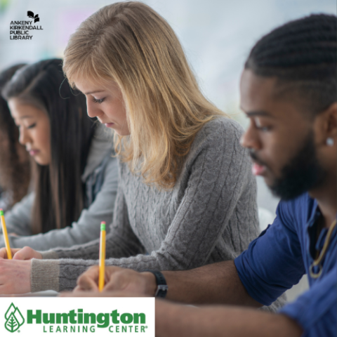 Group of people taking a test with the Ankeny Public Library logo and the Huntington Learning Center Logo