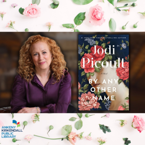 Photo of author Jodi Picoult next to the book cover of By Any Other Name with scattered flowers in the background