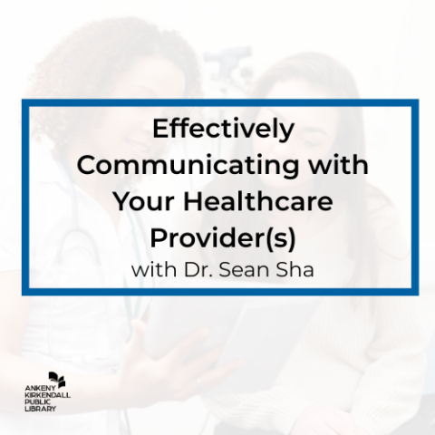 Photo of a doctor talking to a patient in the background with text on the foreground