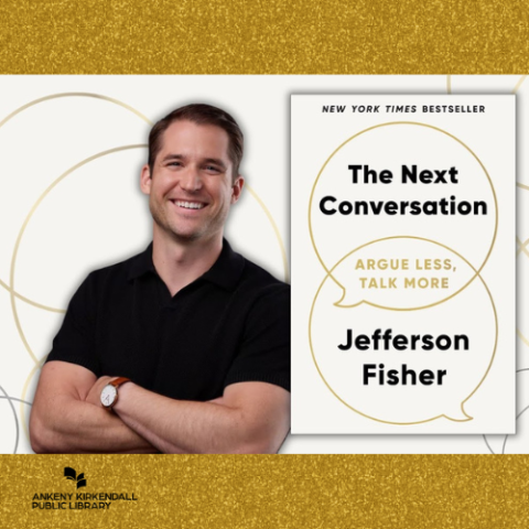 Photo of the author next to his book The Next Conversation: Argue Less, Talk More with a gold background