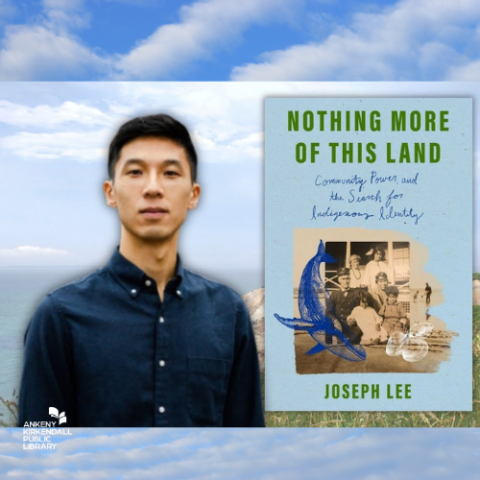 Photo of Joseph Lee next to his book Nothing More of this Land with a blue sky and white cloud background and the library's all white logo in the bottom right corner