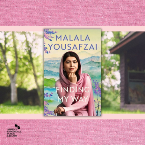 Book cover of Malala Yousafzai's book Finding My Way with trees and a cabin in the background and pink on the top and lower thirds
