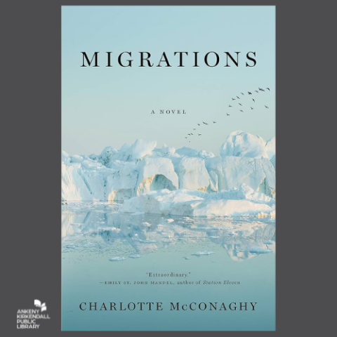 Book cover of Migrations by Charlotte McVonaghy with a dark gray background and the white library logo in the bottom left corner