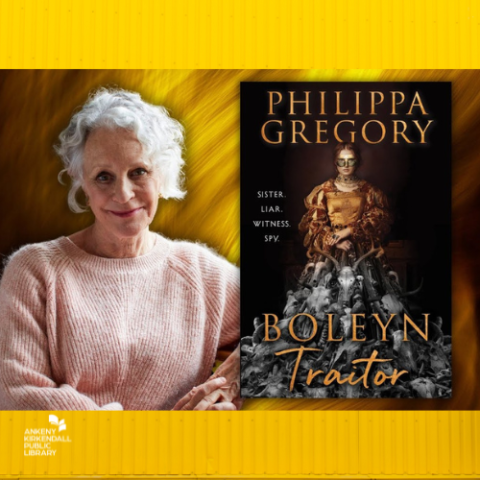 Photo of the author Philippa Gregory next to the book cover of Boleyn Traitor with a yellow background