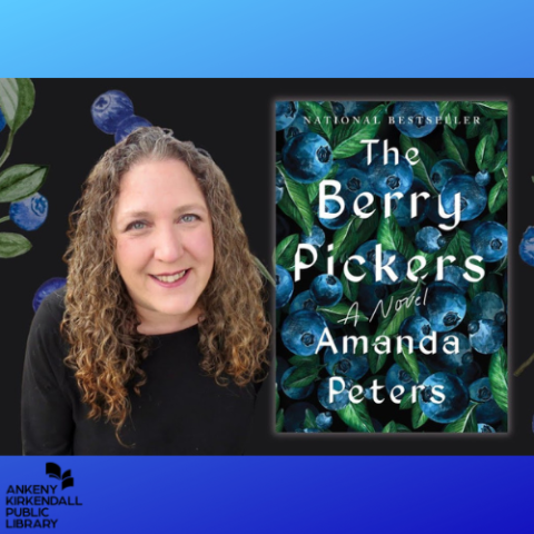 Photo of Amanda Peters next to the book cover of The Berry Pickers with a blue gradient background and the library logo in black at the bottom right corner