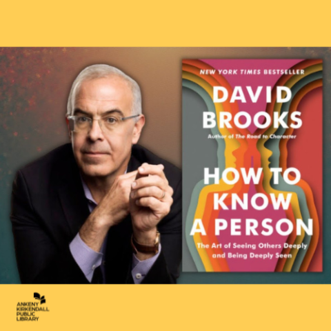 The author next to the book How to Know a Person with a yellow background and the library logo in the bottom left corner