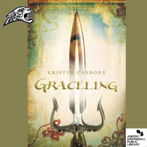 cover of Graceling by Kristin Cashore with the Ankeny Jaguars logo and the Ankeny Kirkendall Public Library logo