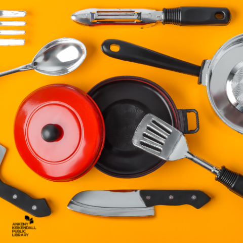 Ariel photo of various kitchenware items against an orange background with the library logo in the bottom left corner