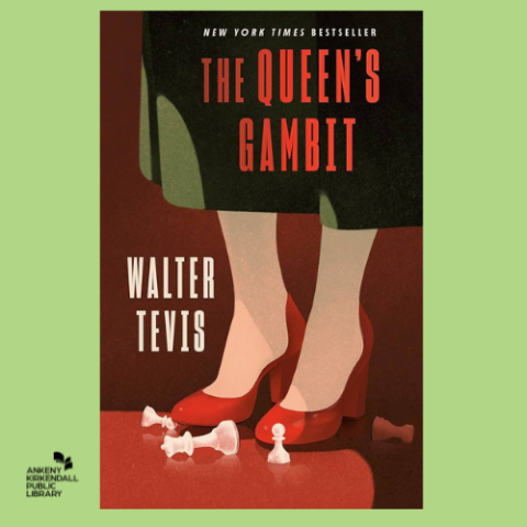Book cover of The Queen's Gambit by Walter Tevis against a green background with the library's logo in the bottom left corner