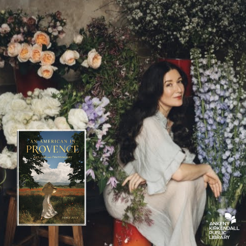 Photo of author Jamie Beck surrounded by flowers and a small graphic of her book An American in Provence