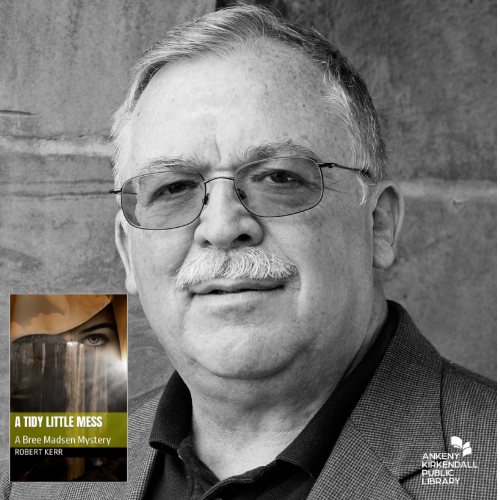 Black and white photo of author Robert Kerr and a small version of his book cover for A Tidy Little Mess