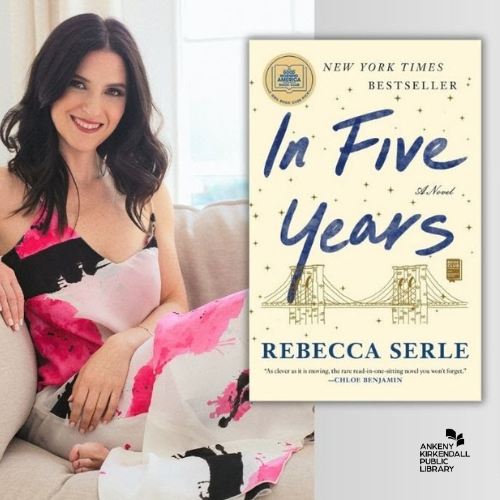 Photo of the author and the book cover for In Five Years