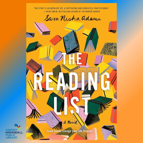 Book cover of The Reading List by Sara Nisha Adams with an orange and blue gradient background