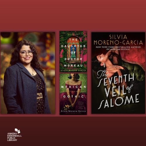 Photo of the author next to the book covers for Mexican Gothic, The Daughter of Doctor Moreau and The Seventh Veil of Salome with a deep red gradient background