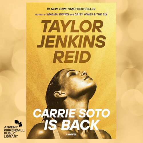 Book cover of Carrie Soto Is Back by Taylor Jenkins Reid with a golden background