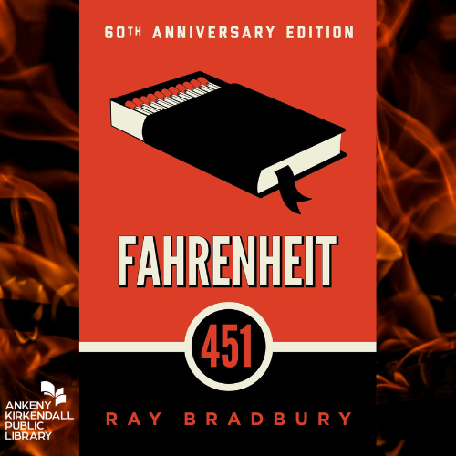Book cover of Fahrenheit 451 by Ray Bradbury with flames in the background