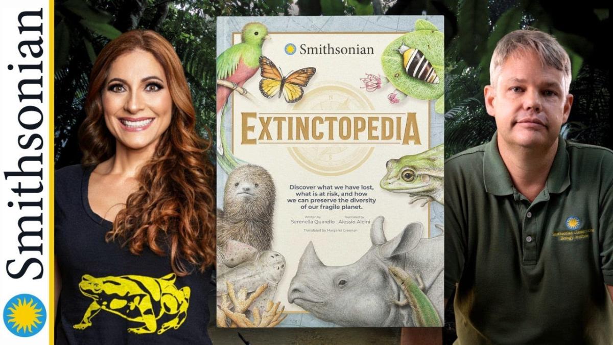 Book cover of Extinctopedia with two people on either side