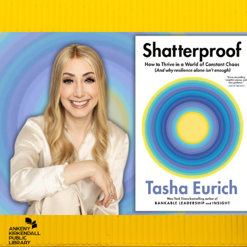 Photo of the author next to the book Shatterproof with a yellow background